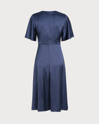Navy Satin Midi Dress with V-Neck