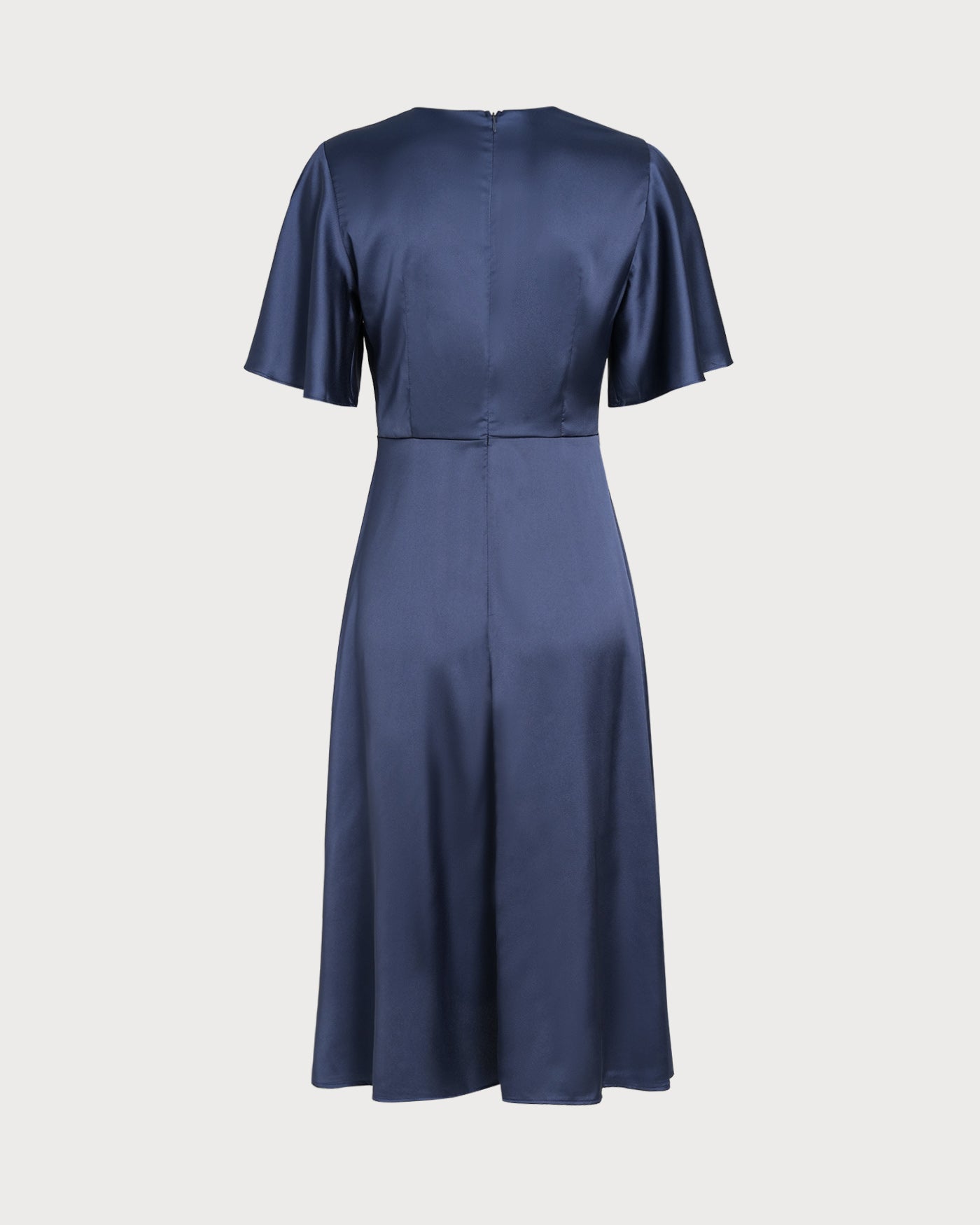 Navy Satin Midi Dress with V-Neck