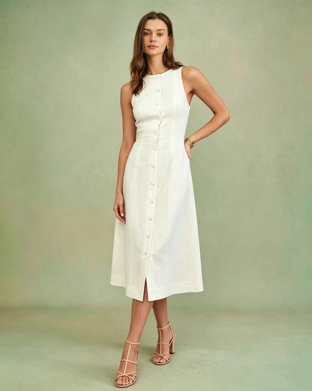 White Midi Dress with Button Tie Detail