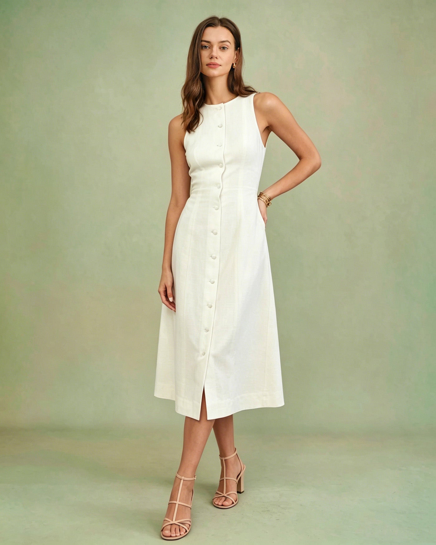 White Midi Dress with Button Tie Detail
