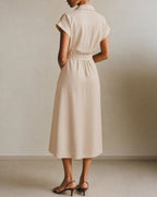 Apricot Midi Dress with Button Belt Detail