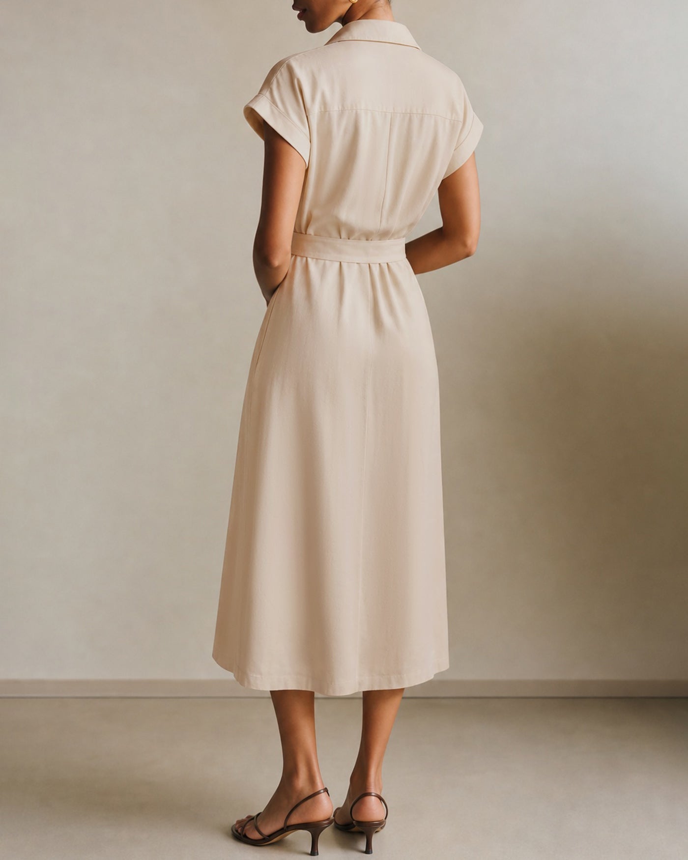 Apricot Midi Dress with Button Belt Detail