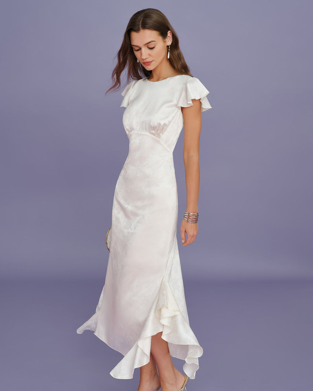 Beige Jacquard Ruffle Midi Dress with Boat Neck