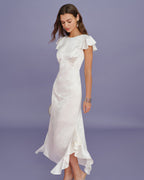 Beige Jacquard Ruffle Midi Dress with Boat Neck