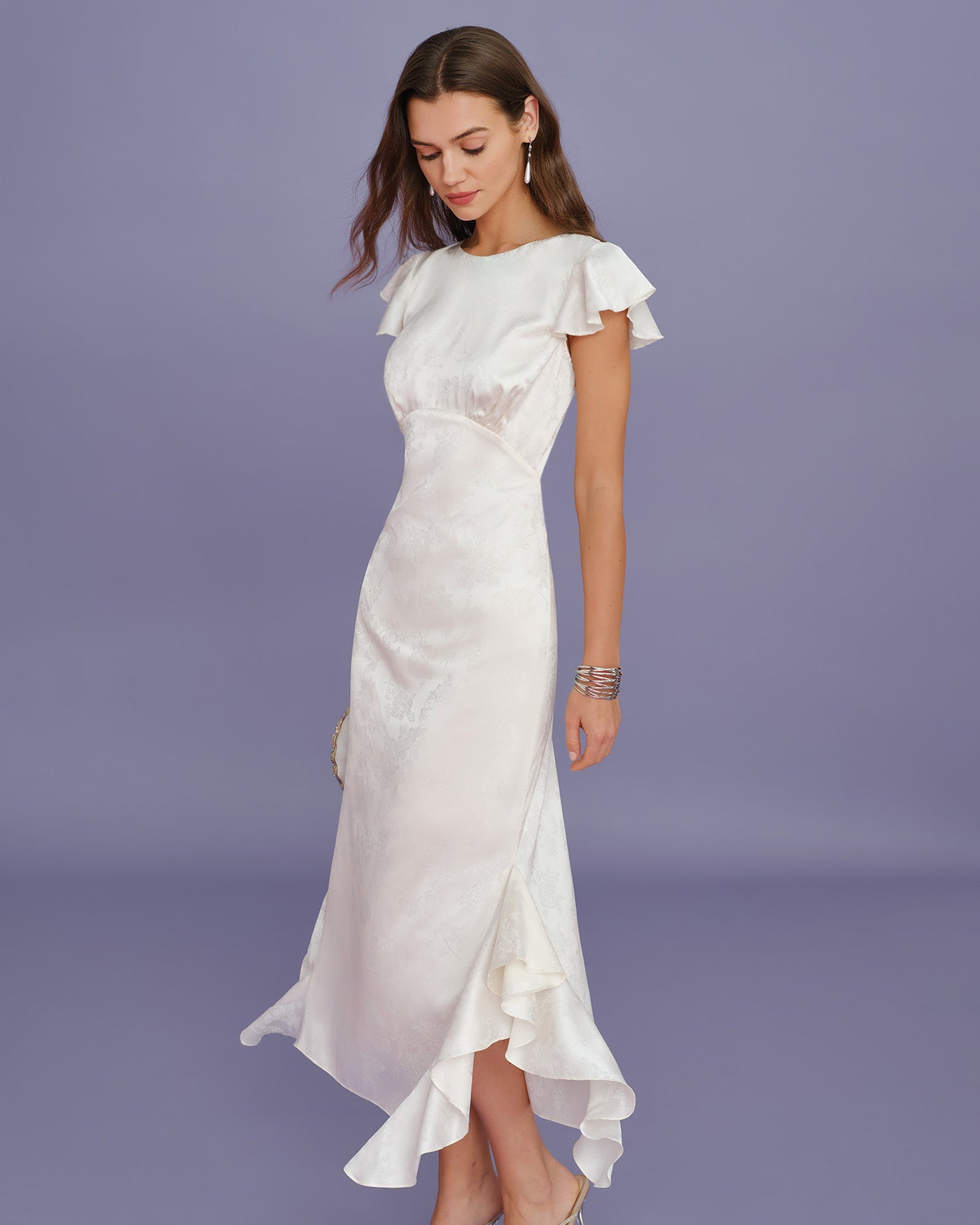 Beige Jacquard Ruffle Midi Dress with Boat Neck