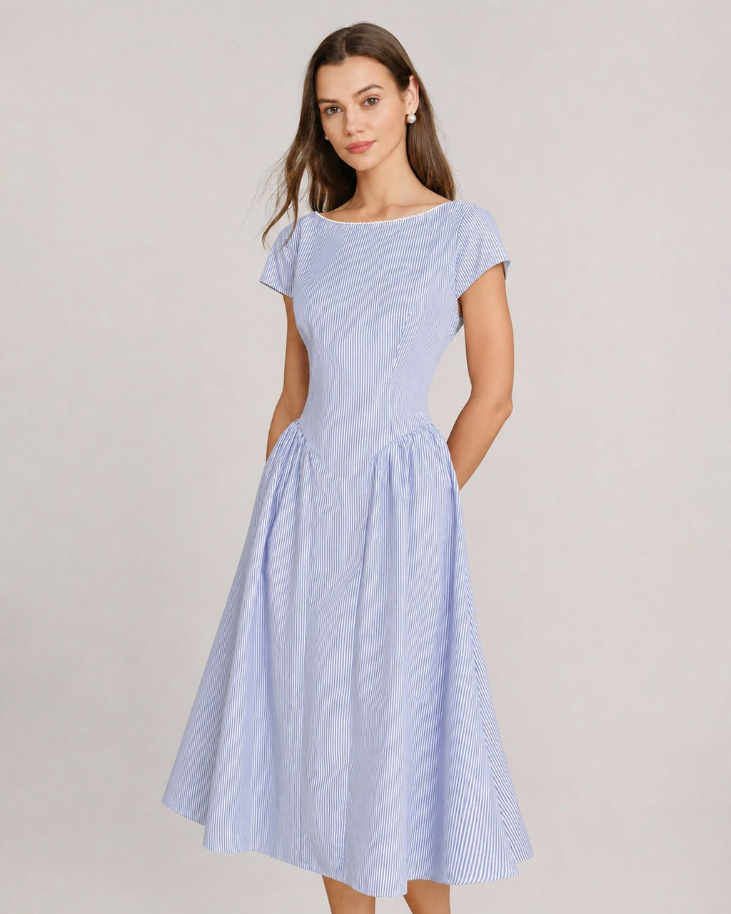 Shirred Midi Dress with Boat Neck in Blue