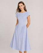 Shirred Midi Dress with Boat Neck in Blue