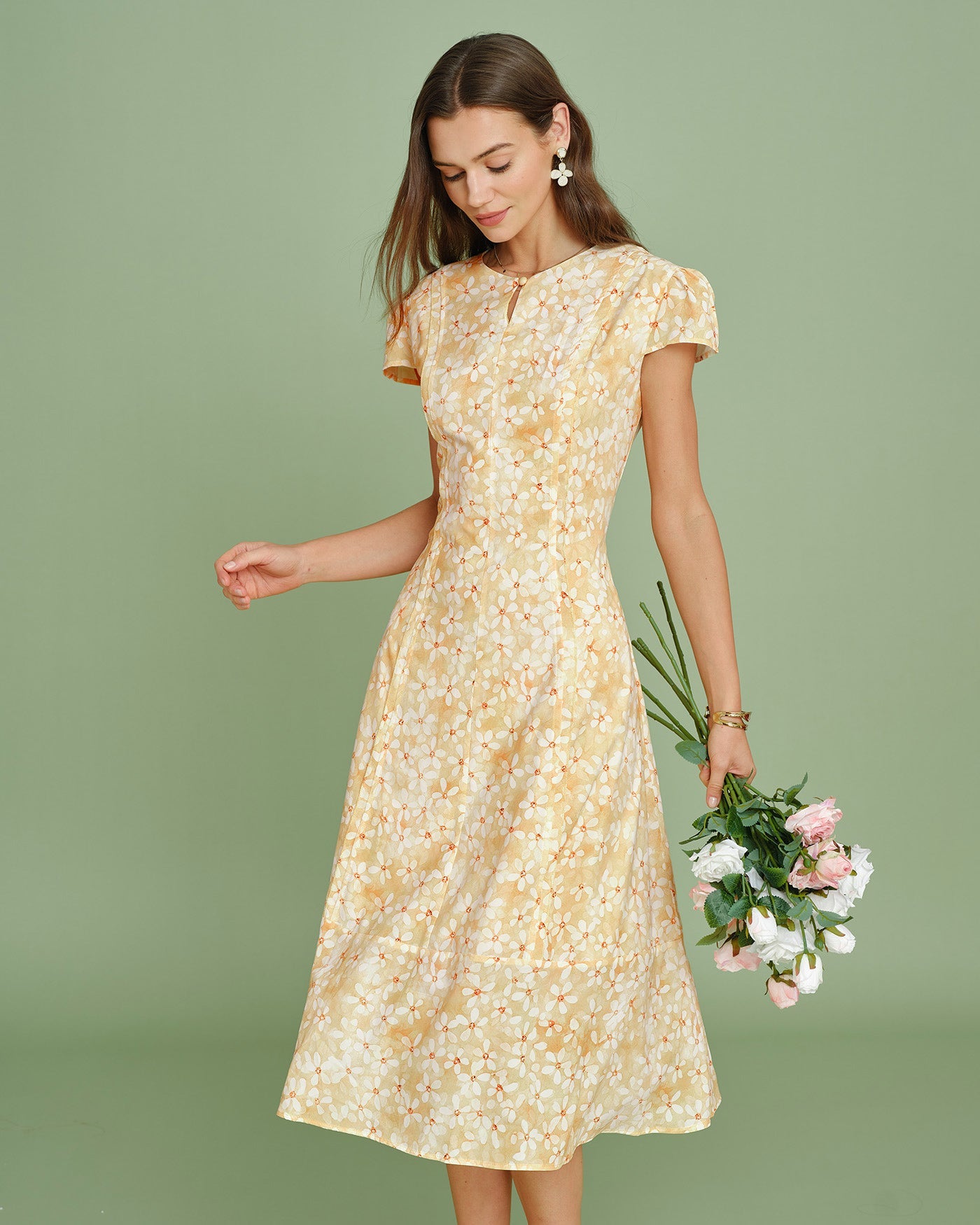 Floral Midi Dress with Yellow Cap Sleeves