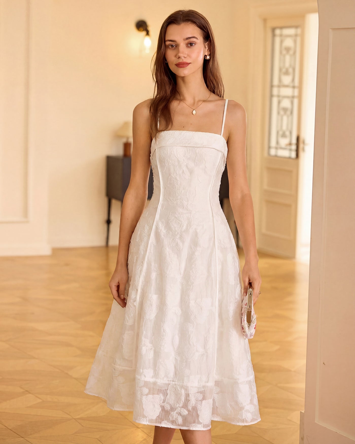 White Jacquard Midi Dress with Square Neckline