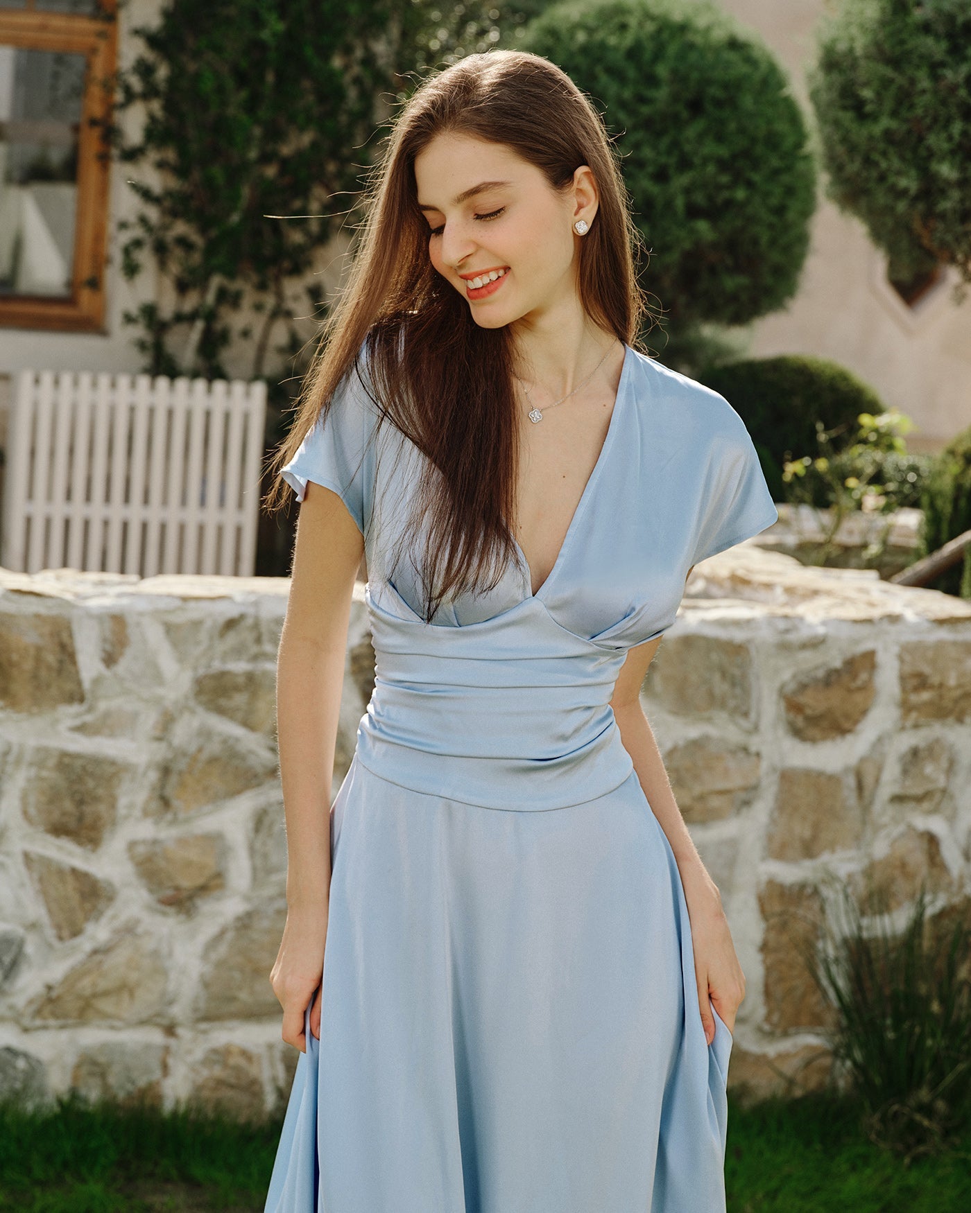 Pleated Midi Dress with Blue Drop Shoulders