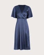 Navy Satin Midi Dress with V-Neck