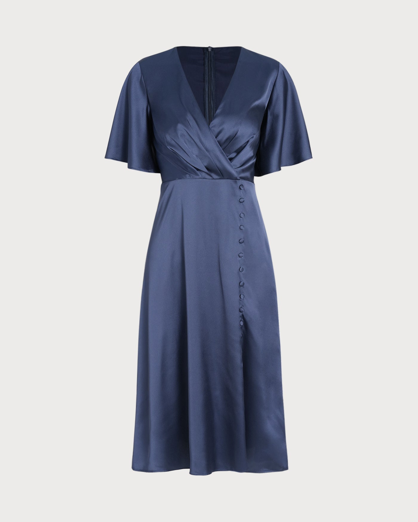 Navy Satin Midi Dress with V-Neck