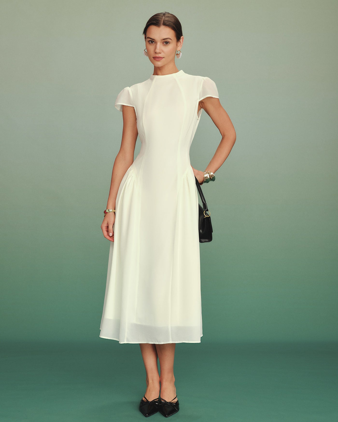 Apricot A-Line Midi Dress with Mock Neck