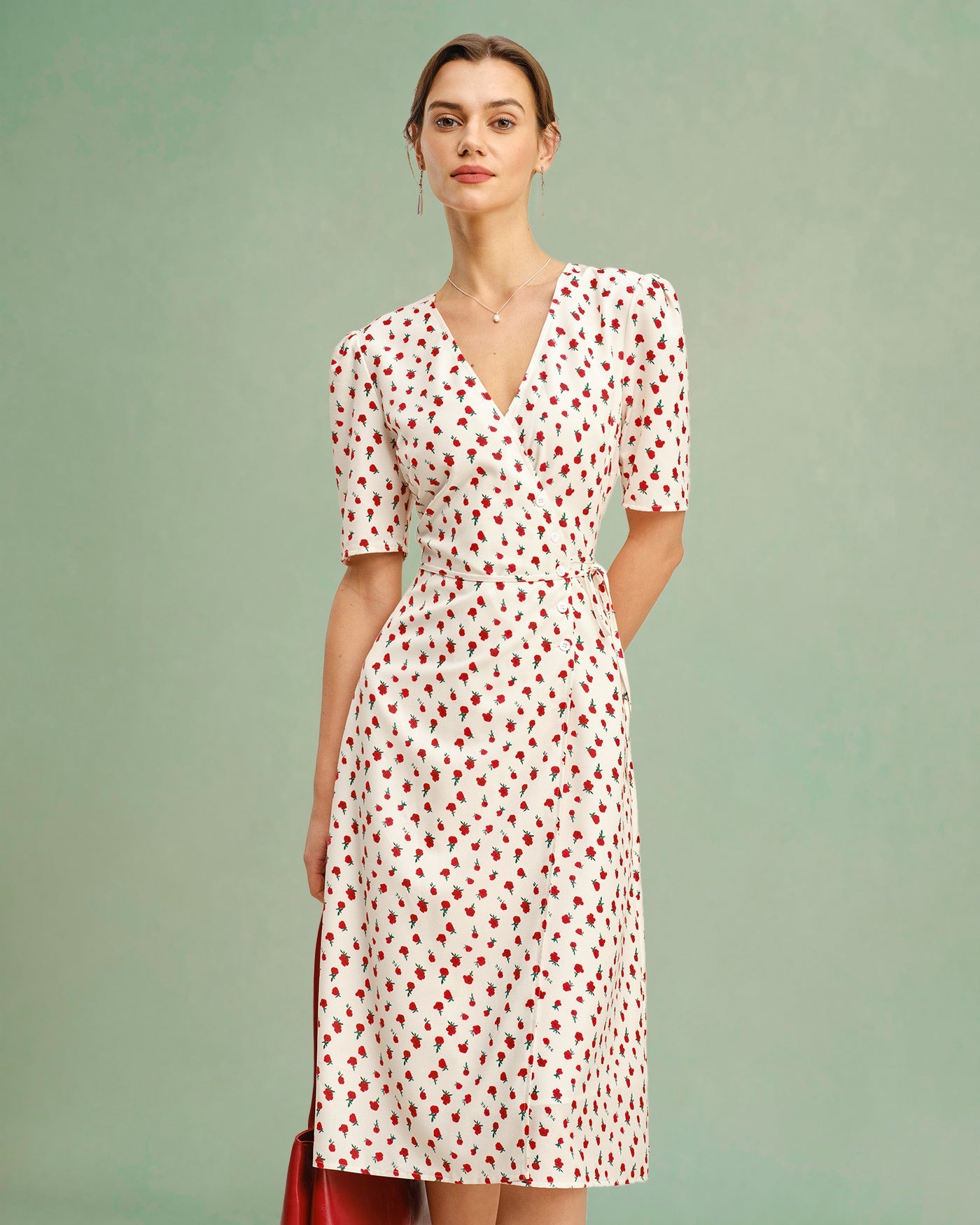 V-Neck Midi Dress in Apricot Floral Print