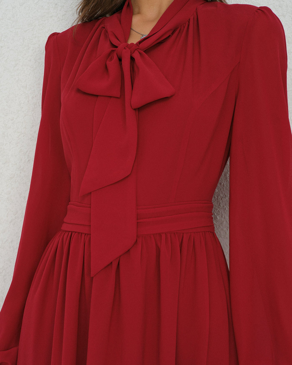 Wine Red Chiffon Midi Dress with Lantern Sleeves