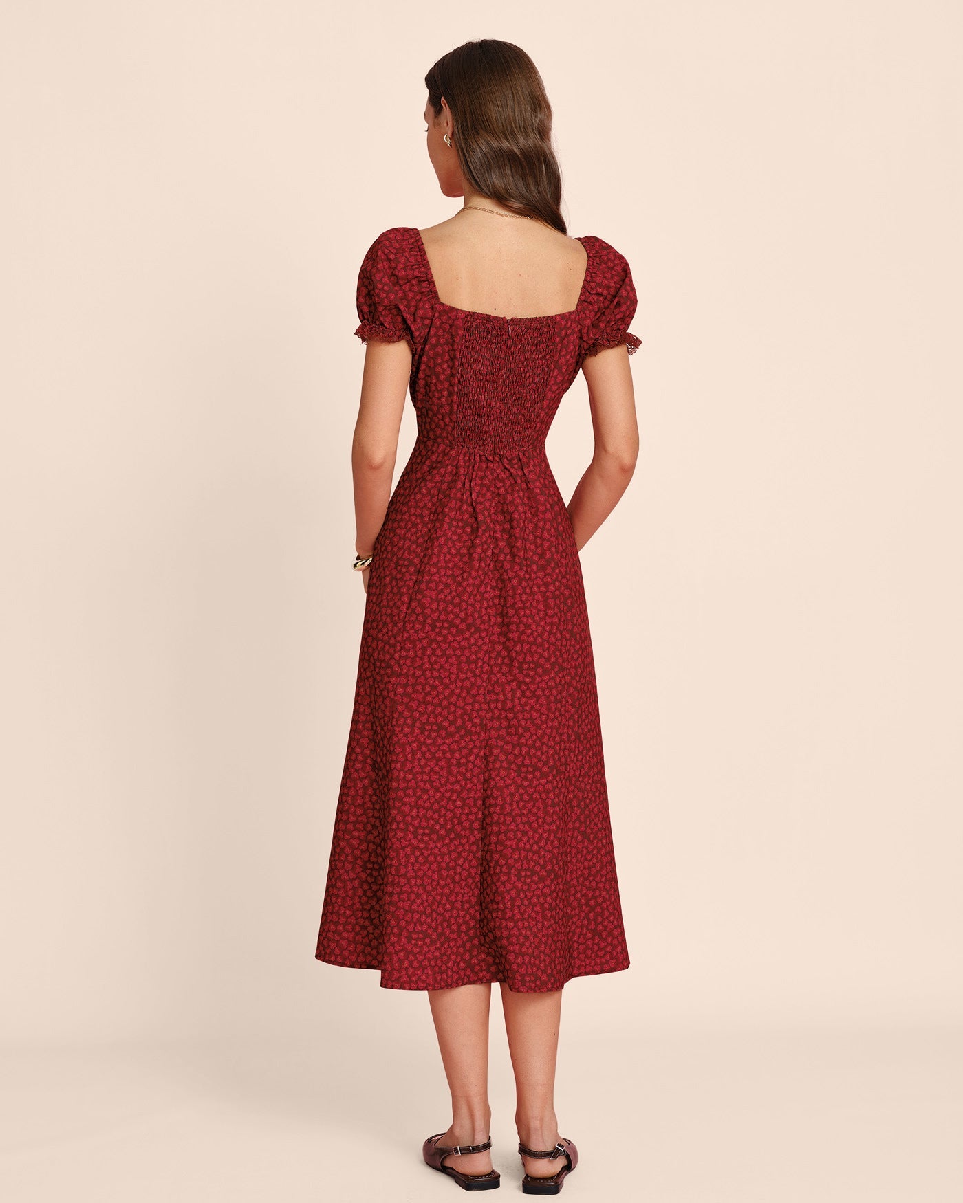Floral Lace Midi Dress with Red V-Neck