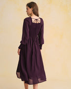 Purple Shirred Midi Dress with Lantern Sleeves in Chiffon