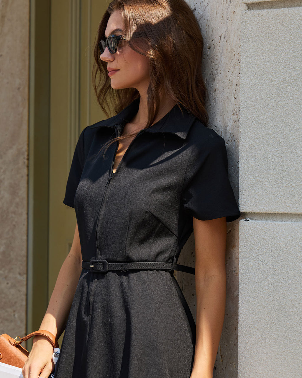Black Midi Dress with A-Line Silhouette and Belt