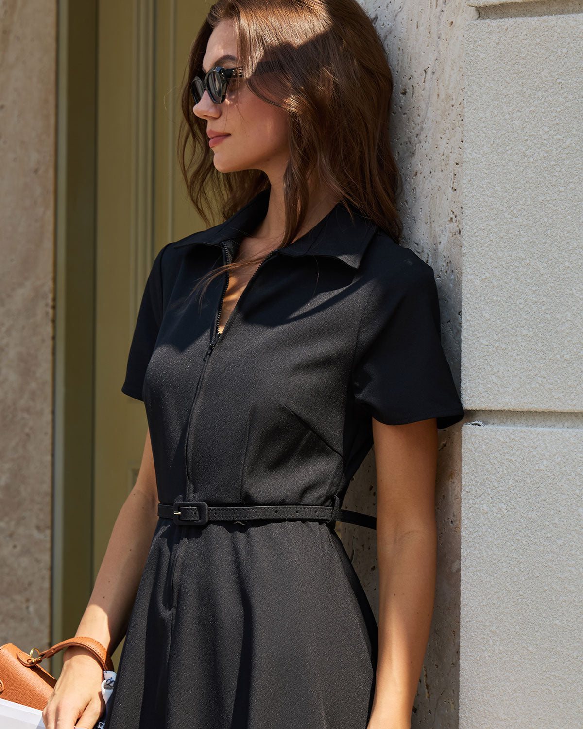 Black Midi Dress with A-Line Silhouette and Belt