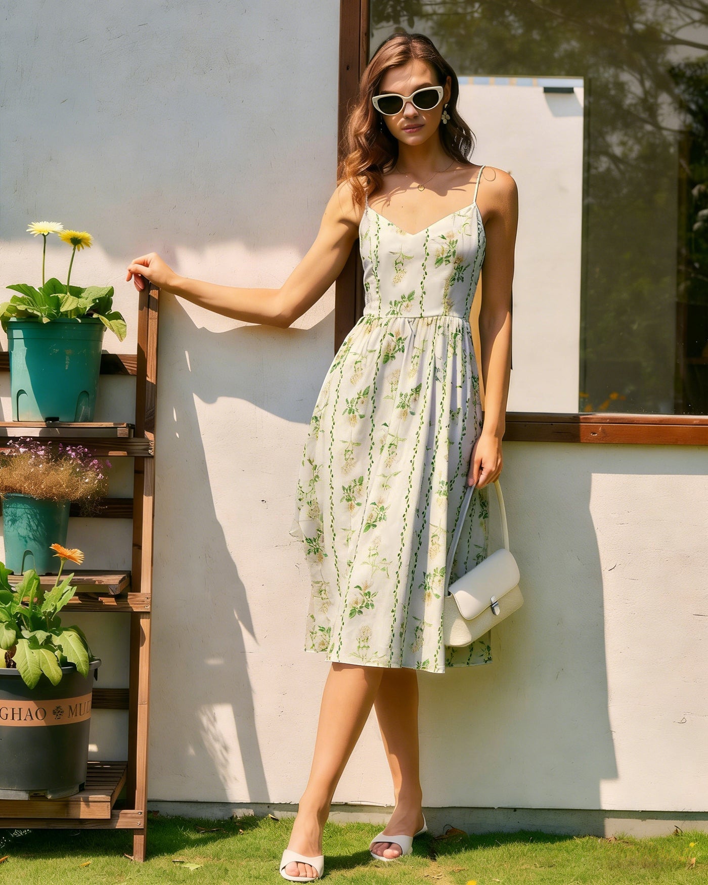 Apricot Floral Midi Dress with Tie Straps