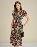 Floral Midi Dress with Puffed Sleeves in Black
