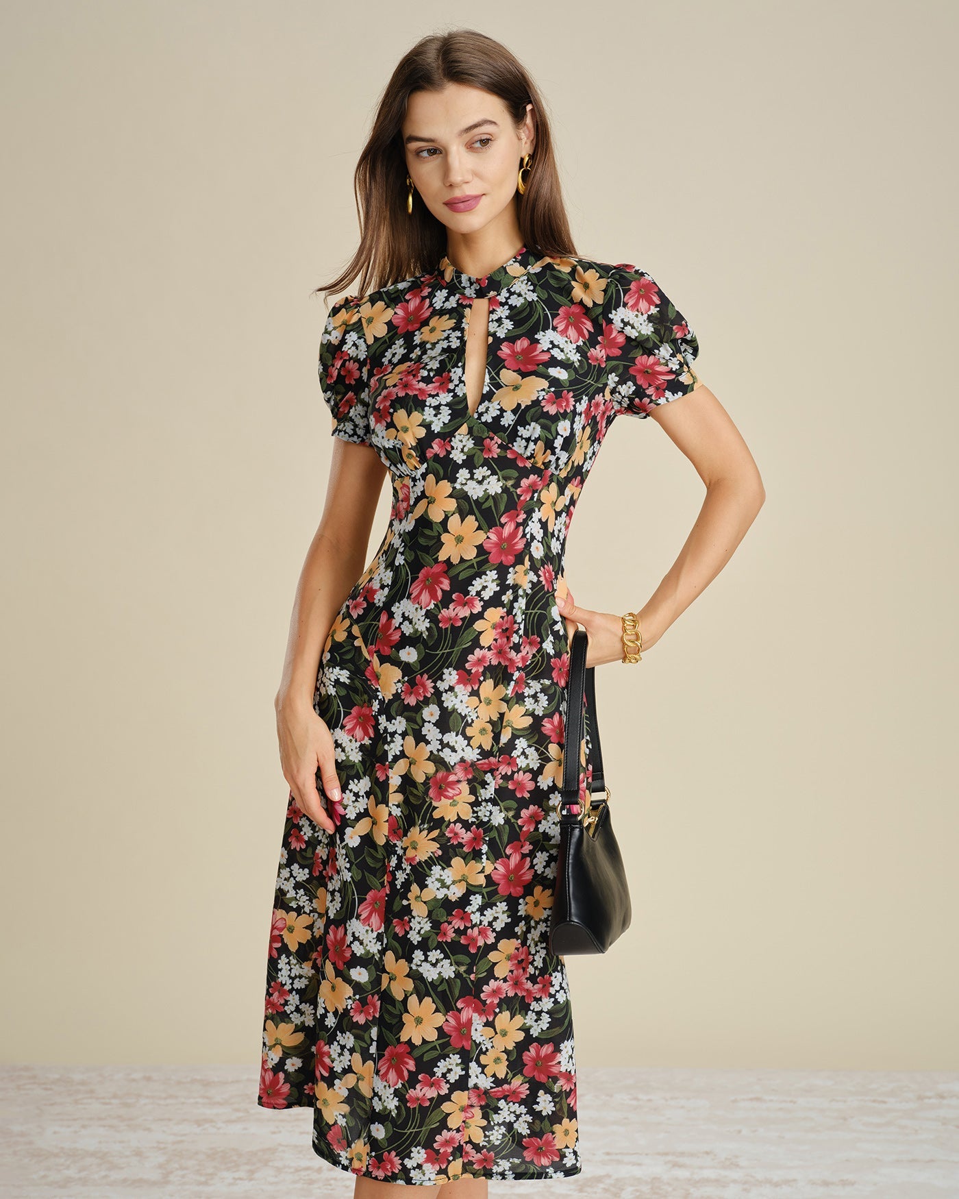 Floral Midi Dress with Puffed Sleeves in Black