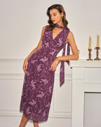 Floral Chiffon Midi Dress in Purple with V-Neck