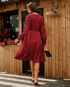 V-Neck Midi Dress in Wine Red Satin