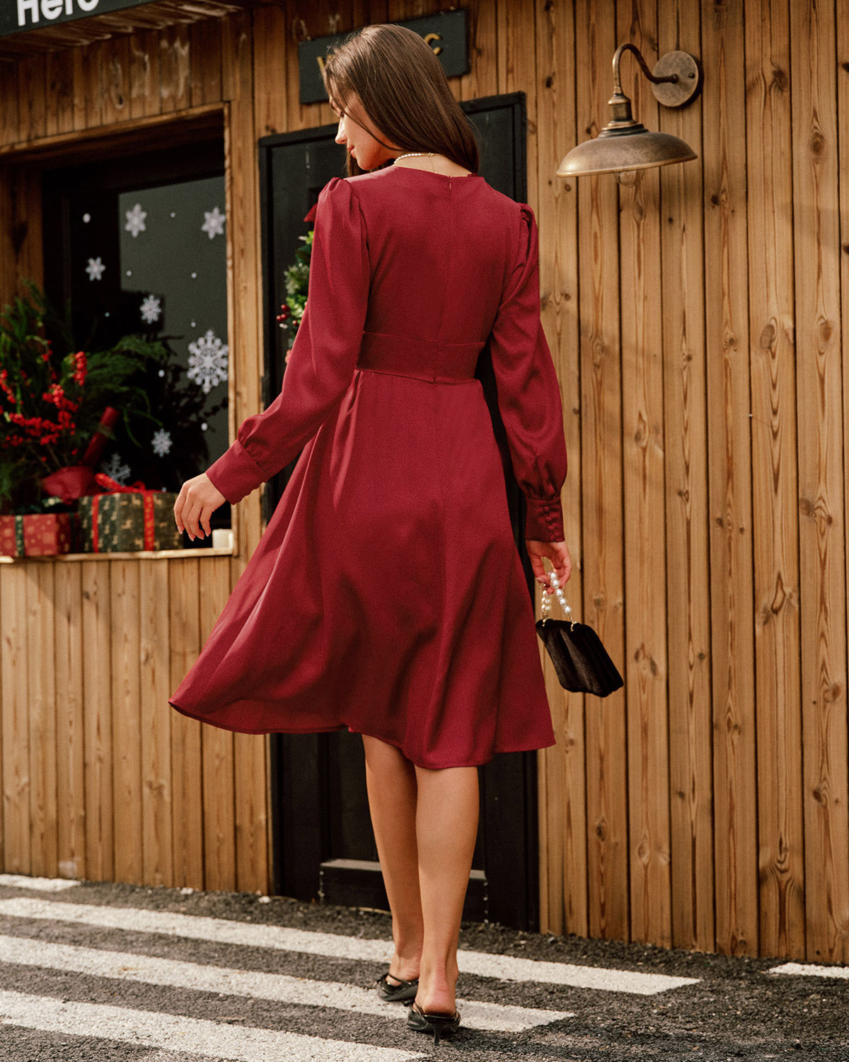 V-Neck Midi Dress in Wine Red Satin