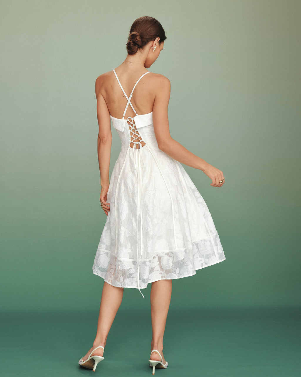 White Jacquard Midi Dress with Square Neckline
