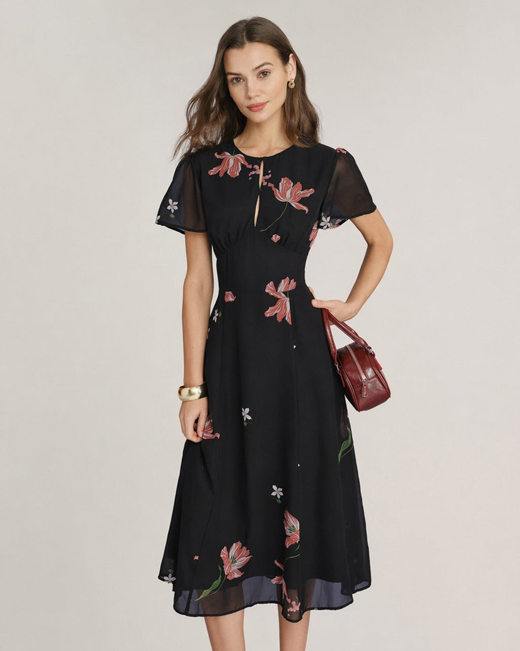 Floral Midi Dress with Black Cut-Out Details