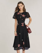 Floral Midi Dress with Black Cut-Out Details
