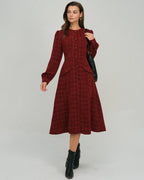 Crimson Lantern Sleeve A-Line Midi Dress
