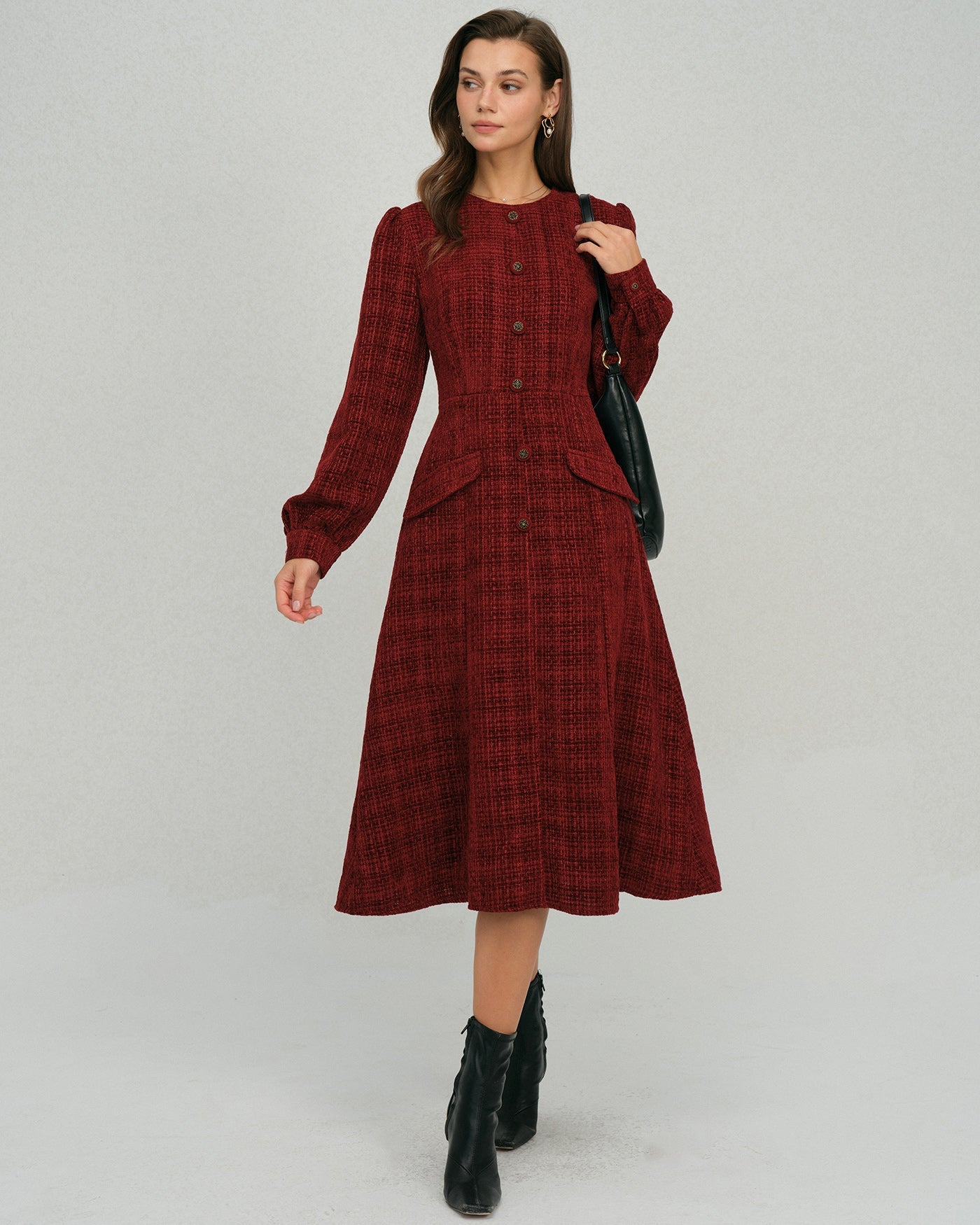 Crimson Lantern Sleeve A-Line Midi Dress