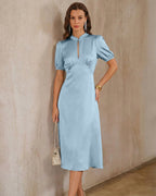 Backless Satin Midi Dress with Blue Puffed Sleeves