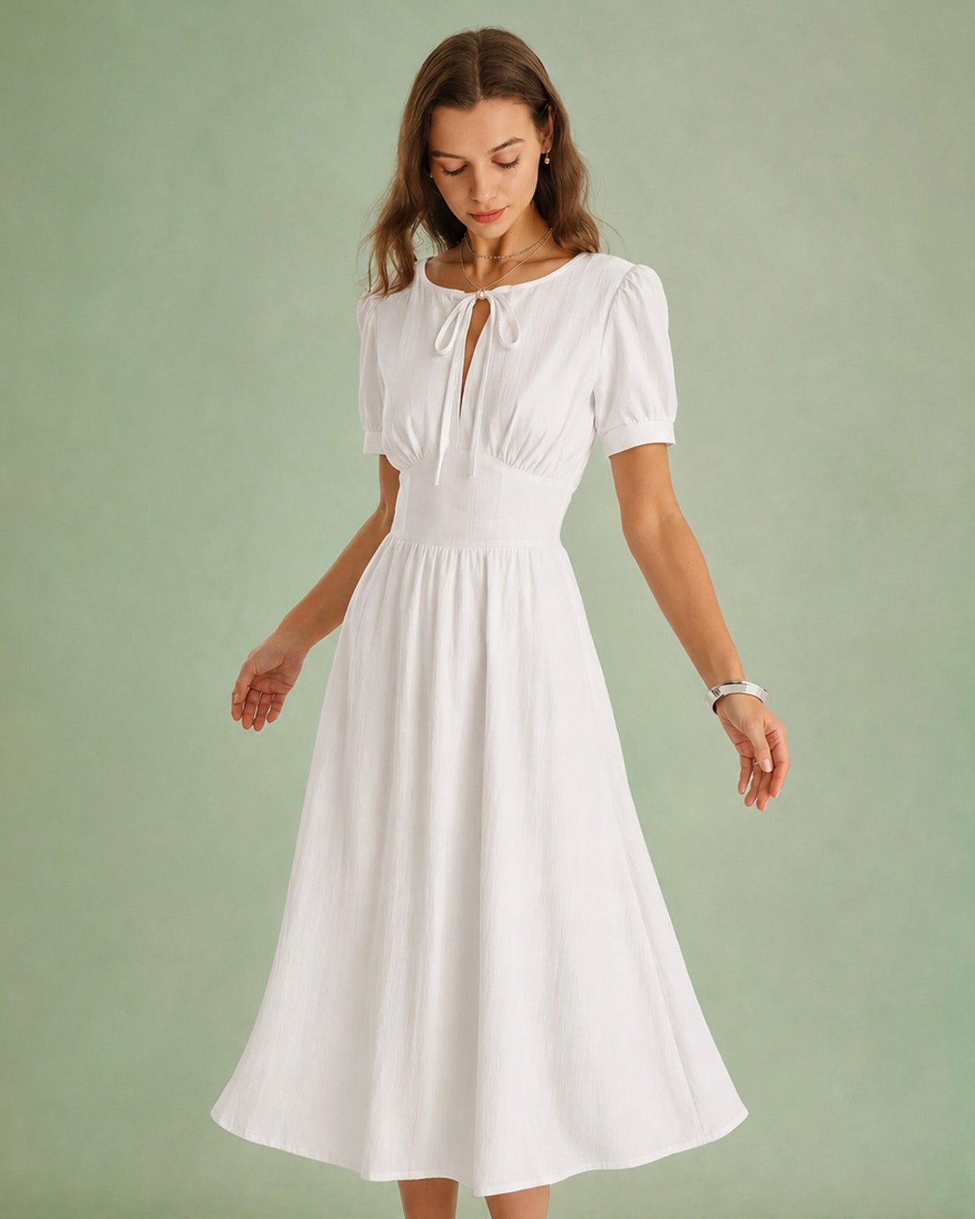 White A-Line Midi Dress with Puffed Sleeves