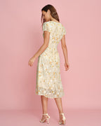 Jacquard Midi Dress with Yellow Puffed Sleeves
