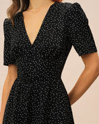 Polka Dot Midi Dress with Black V-Neck