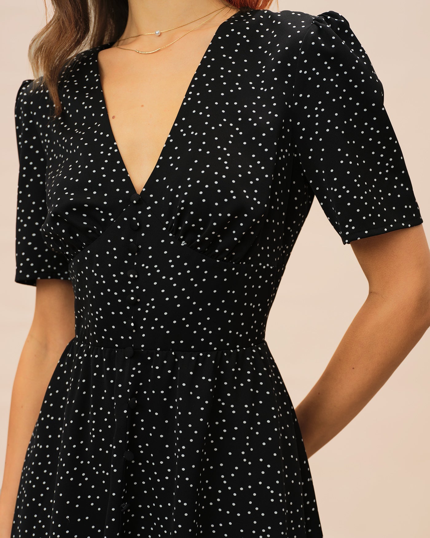Polka Dot Midi Dress with Black V-Neck