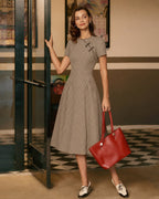 Brown Plaid Midi Dress with Round Neck