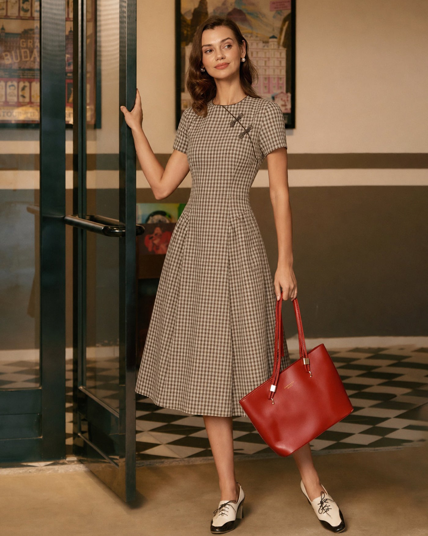 Brown Plaid Midi Dress with Round Neck
