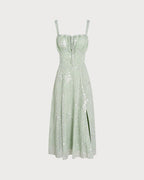 Green Jacquard A-Line Midi Dress with Slip Design