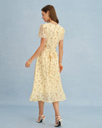 Floral Midi Dress with V-Neck in Yellow