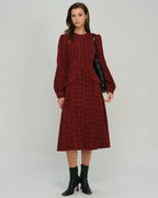 Crimson Lantern Sleeve A-Line Midi Dress