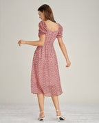 Floral Chiffon Midi Dress with Pink Square Neck