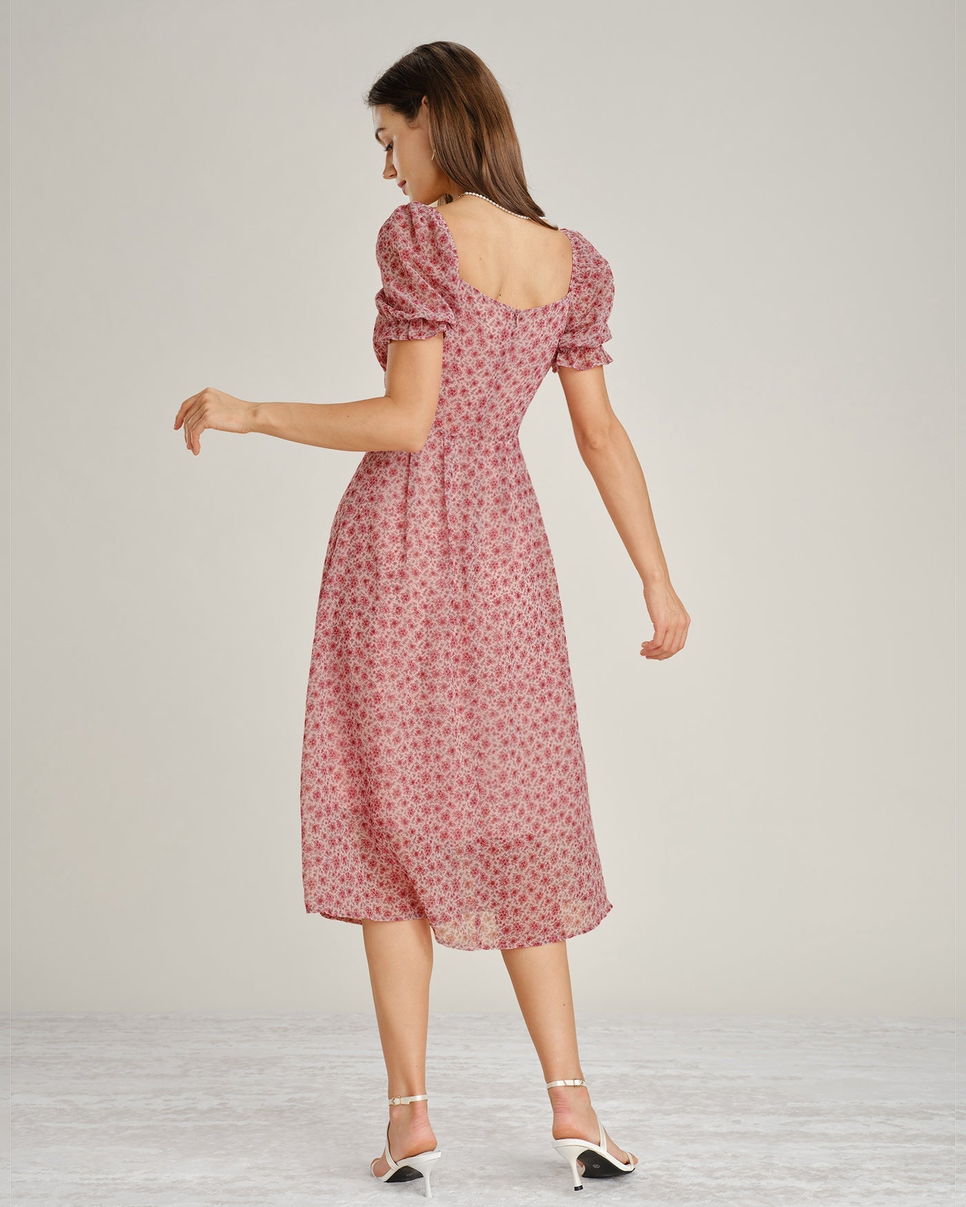 Floral Chiffon Midi Dress with Pink Square Neck