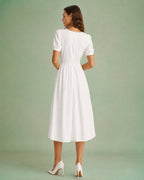 White A-Line Midi Dress with Puffed Sleeves
