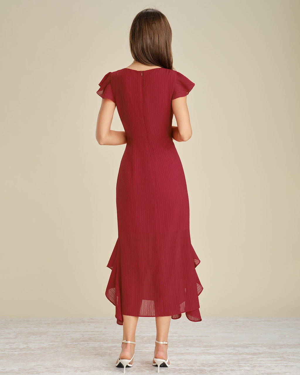 Red Ruffled Midi Dress with Boat Neck