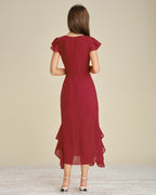 Red Ruffled Midi Dress with Boat Neck