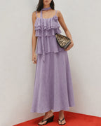 Ruffled Midi Dress with Purple Floral Print